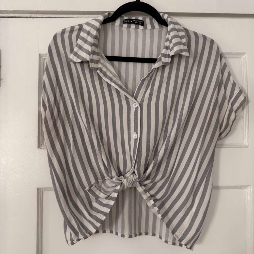 SHEIN Gray White Striped Button-Down Shirt Blouse Size M (8–10)